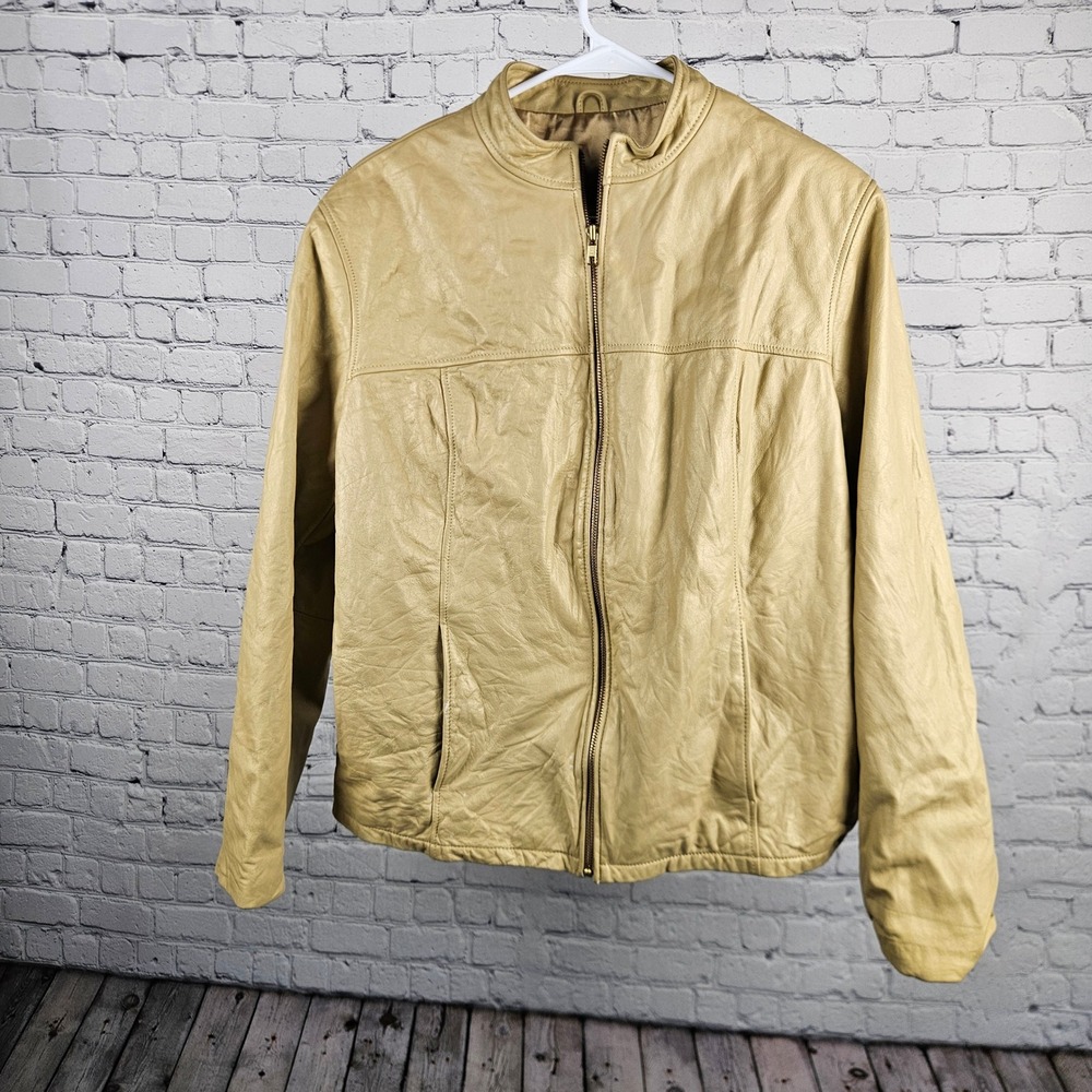 Paradox Womens 20W Tan Beige Genuine Leather Cafe Racer Jacket Mock Neck Zip Up
